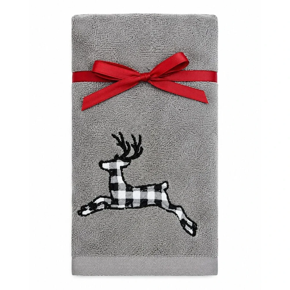 Avanti Reindeer Christmas Fingertip Towels Embroidered Buffalo Check Set of 2